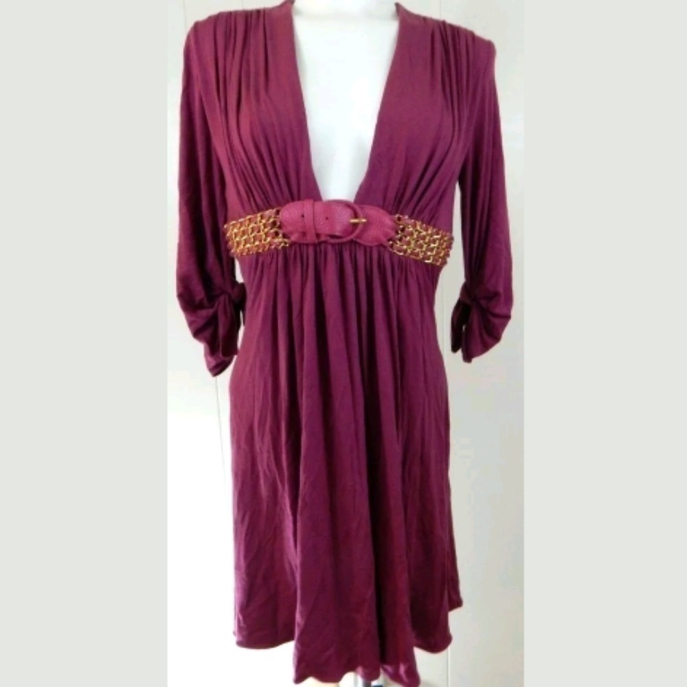 Sky Brand Belted Tie Sleeve Deep V Mini Dress